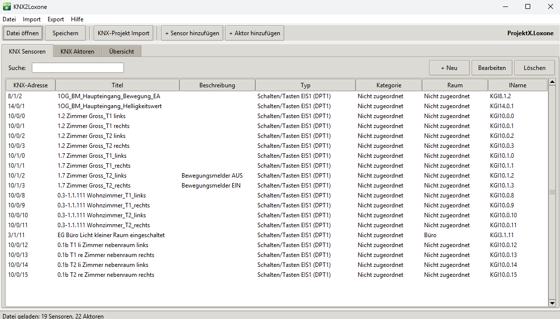 KNX2Loxone – Übersicht der importierten KNX-Gruppenadressen